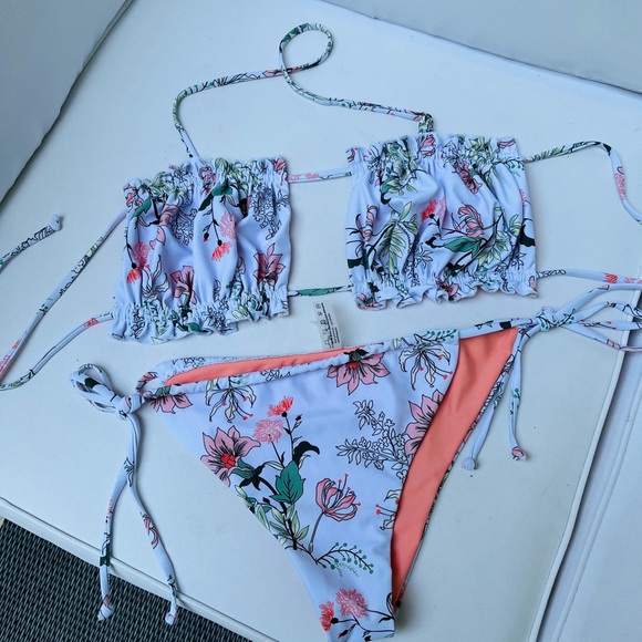 ZAFUL Women Bikini Bandeau/Halter Tie Ruffle Cutout Swimsuit - Picture 2 of 7